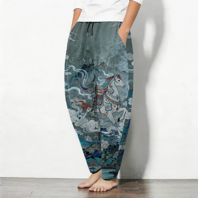 Buddha Stones Pure Cotton Running White Horse Pattern Drawstring Men's Tapered Pants With Pockets - image 8