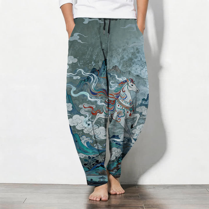 Buddha Stones Pure Cotton Running White Horse Pattern Drawstring Men's Tapered Pants With Pockets - CadetBlue - US/UK/AU50，EU60 (5XL) - image 7
