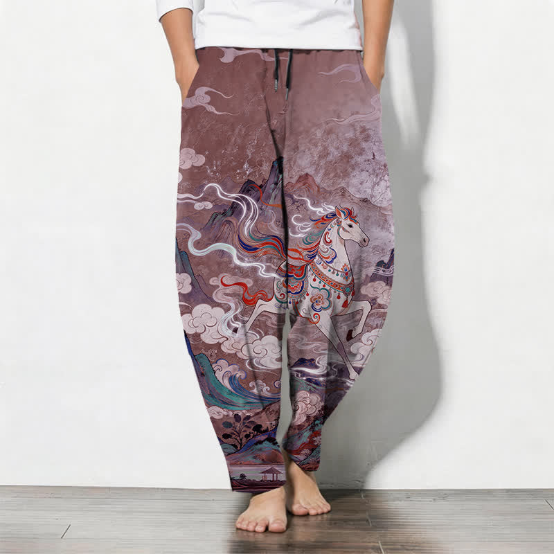 Buddha Stones Pure Cotton Running White Horse Pattern Drawstring Men's Tapered Pants With Pockets - Plum - US/UK/AU50，EU60 (5XL) - image 11