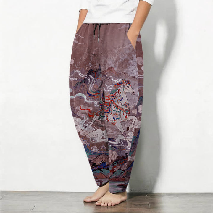 Buddha Stones Pure Cotton Running White Horse Pattern Drawstring Men's Tapered Pants With Pockets - image 12