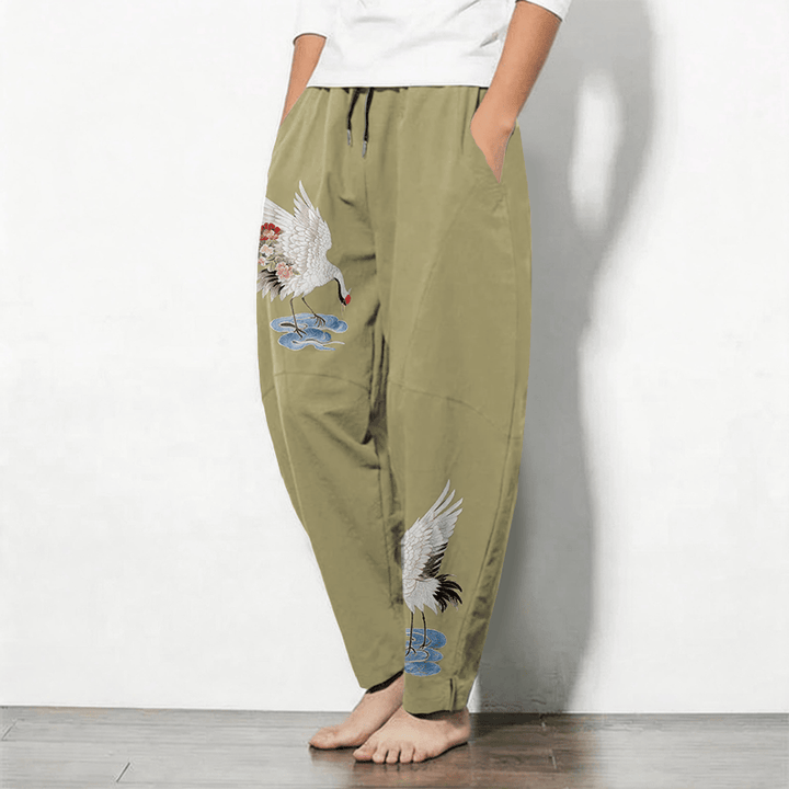 Buddha Stones Pure Cotton Red Crown Crane Pattern Drawstring Men's Tapered Pants With Pockets - image 12