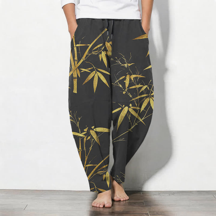 Buddha Stones Pure Cotton Golden Bamboo Pattern Drawstring Men's Tapered Pants With Pockets - Black - US/UK/AU50，EU60 (5XL) - image 7