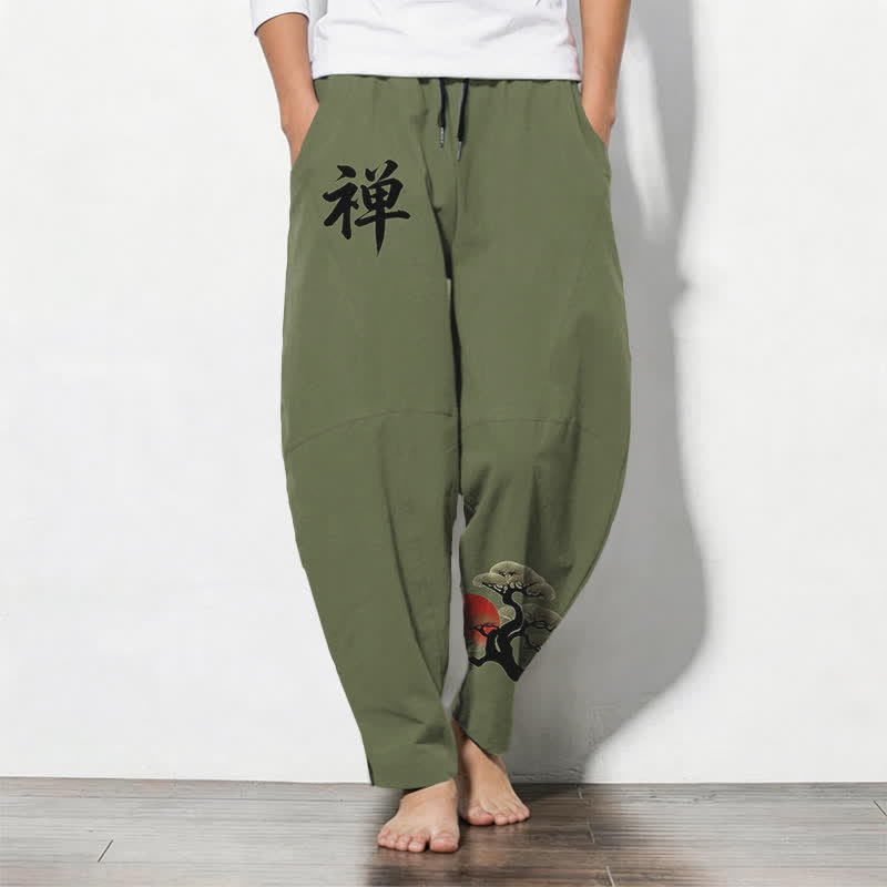 Buddha Stones Pure Cotton Zen Bonsai Sunset Pattern Drawstring Men's Tapered Pants With Pockets - OliveDrab - US/UK/AU50，EU60 (5XL) - image 7