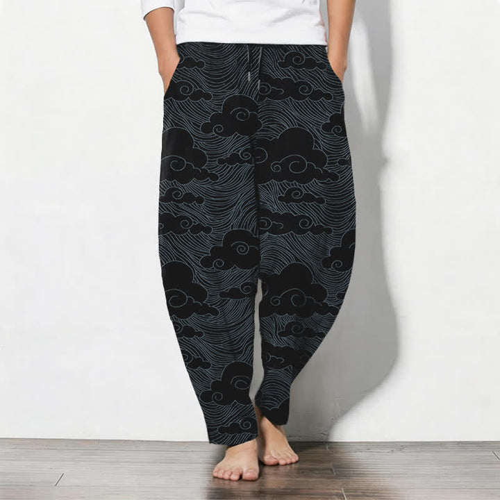 Buddha Stones Pure Cotton Japanese Cloud Wave Pattern Drawstring Men's Tapered Pants With Pockets - Black - US/UK/AU50，EU60 (5XL) - image 0