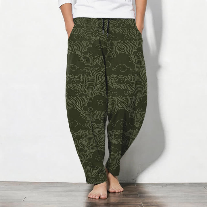 Buddha Stones Pure Cotton Japanese Cloud Wave Pattern Drawstring Men's Tapered Pants With Pockets - DarkOliveGreen - US/UK/AU50，EU60 (5XL) - image 7