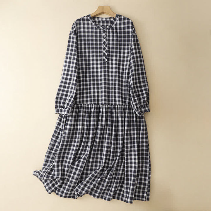Buddha Stones Spring Casual Vintage Button-Up Black White Plaid Women's Long Sleeve Dress With Pocket - Black - US12, UK/AU16, EU44 (2XL) - image 0
