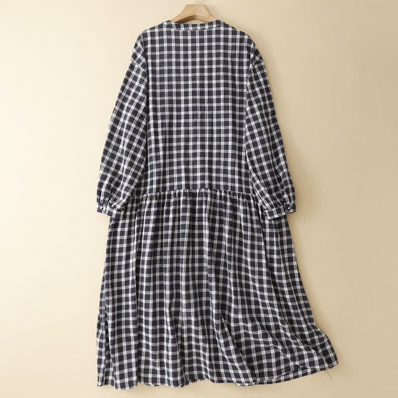 Buddha Stones Spring Casual Vintage Button-Up Black White Plaid Women's Long Sleeve Dress With Pocket - image 1