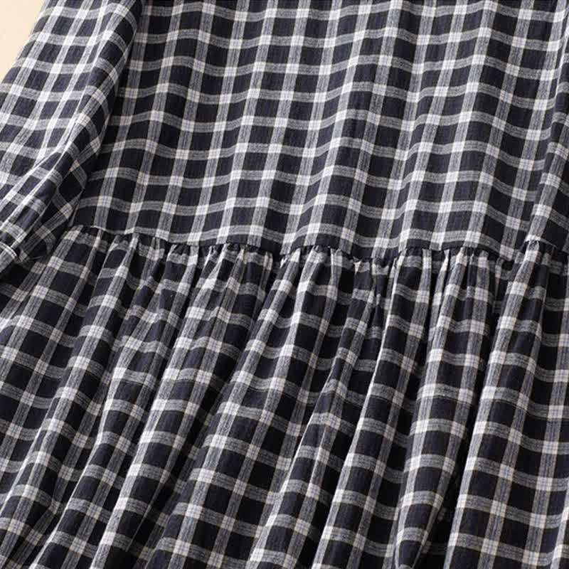 Buddha Stones Spring Casual Vintage Button-Up Black White Plaid Women's Long Sleeve Dress With Pocket - image 4