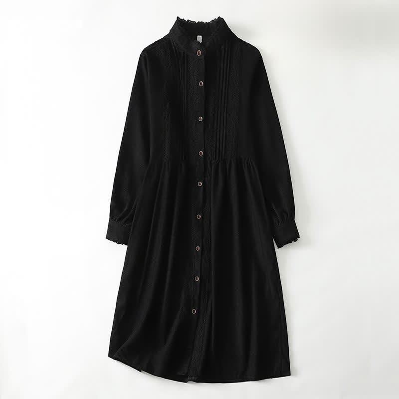 Buddha Stones Spring Fall Tang Style Vintage Button-Up Pleated Trim Solid Women's Long Sleeve Dress With Pocket - Black - US14, UK/AU18, EU46 (2XL) - image 12