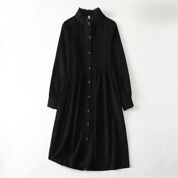 Buddha Stones Spring Fall Tang Style Vintage Button-Up Pleated Trim Solid Women's Long Sleeve Dress With Pocket - Black - US14, UK/AU18, EU46 (2XL) - image 12