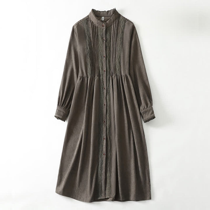 Buddha Stones Spring Fall Tang Style Vintage Button-Up Pleated Trim Solid Women's Long Sleeve Dress With Pocket - Olive - US14, UK/AU18, EU46 (2XL) - image 0