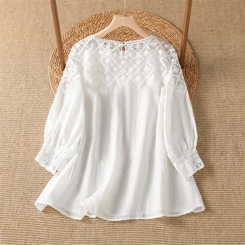 Buddha Stones Summer Elegant Casual Lace Solid Women's Long Sleeve T-Shirt - image 7