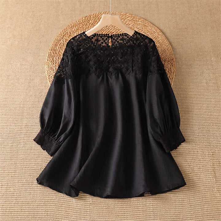 Buddha Stones Summer Elegant Casual Lace Solid Women's Long Sleeve T-Shirt - Black - US8-10, UK/AU12-14, EU40-42 (2XL) - image 0