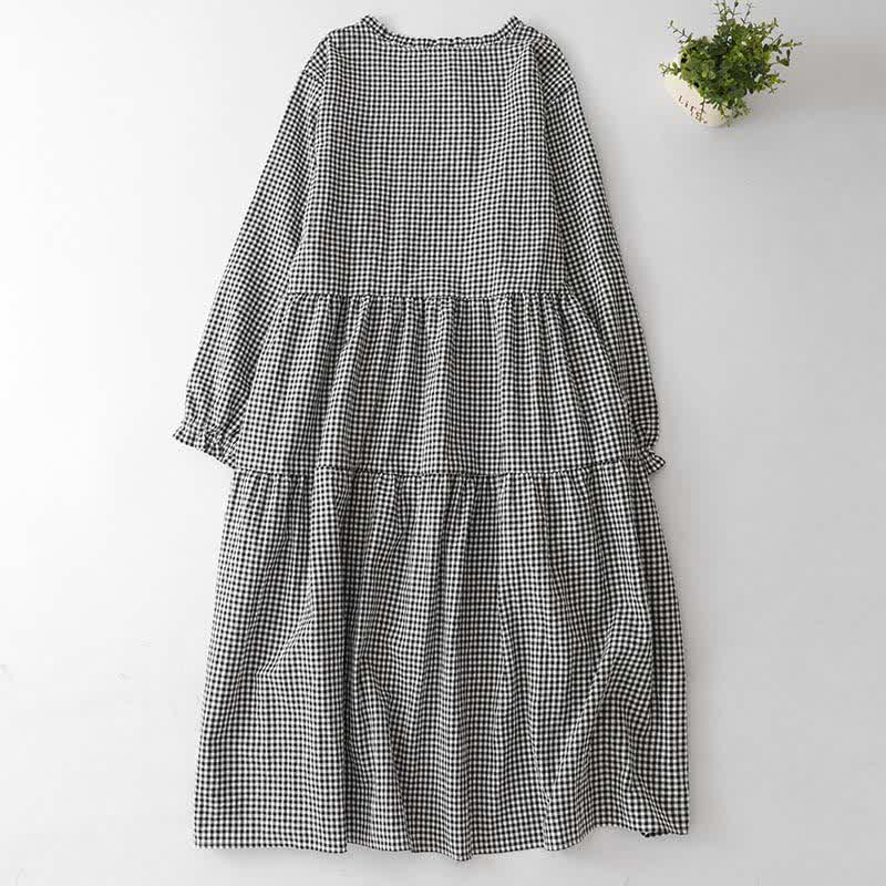 Buddha Stones Spring Fall Casual Vintage Tiered Plaid Women's Long Sleeve Dress With Pocket - image 1