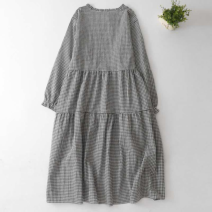 Buddha Stones Spring Fall Casual Vintage Tiered Plaid Women's Long Sleeve Dress With Pocket - image 1