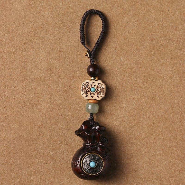 Buddha Stones Red Sandalwood Green Sandalwood Om Mani Padme Hum Blessing Chinese Coin Money Bag Design Serenity Keychains - Red Sandalwood - Keychain - image 0