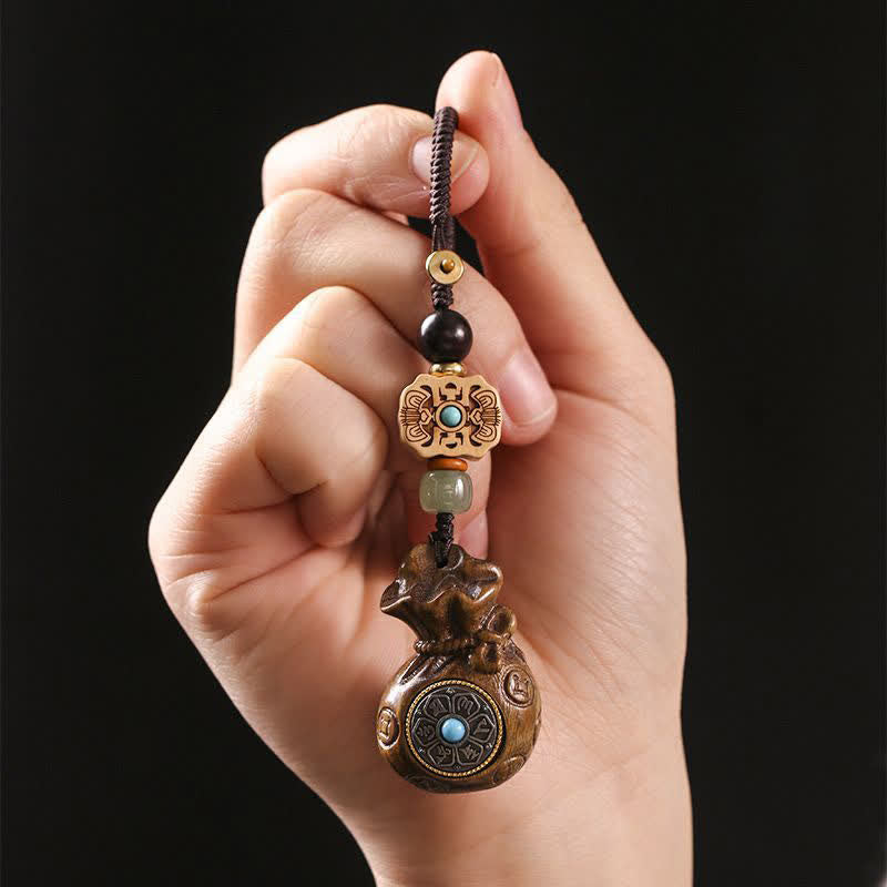 Buddha Stones Red Sandalwood Green Sandalwood Om Mani Padme Hum Blessing Chinese Coin Money Bag Design Serenity Keychains - image 5