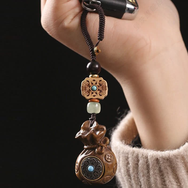 Buddha Stones Red Sandalwood Green Sandalwood Om Mani Padme Hum Blessing Chinese Coin Money Bag Design Serenity Keychains - image 6