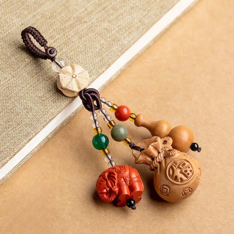 Buddha Stones Peach Wood Fu Character Money Bag Lucky Cinnabar Elephant Lotus Gourd Keychains - Peach Wood(Protection ♥ Purification) - image 0