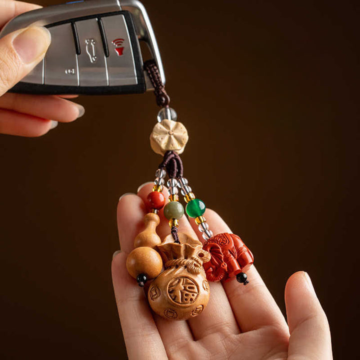 Buddha Stones Peach Wood Fu Character Money Bag Lucky Cinnabar Elephant Lotus Gourd Keychains - image 4
