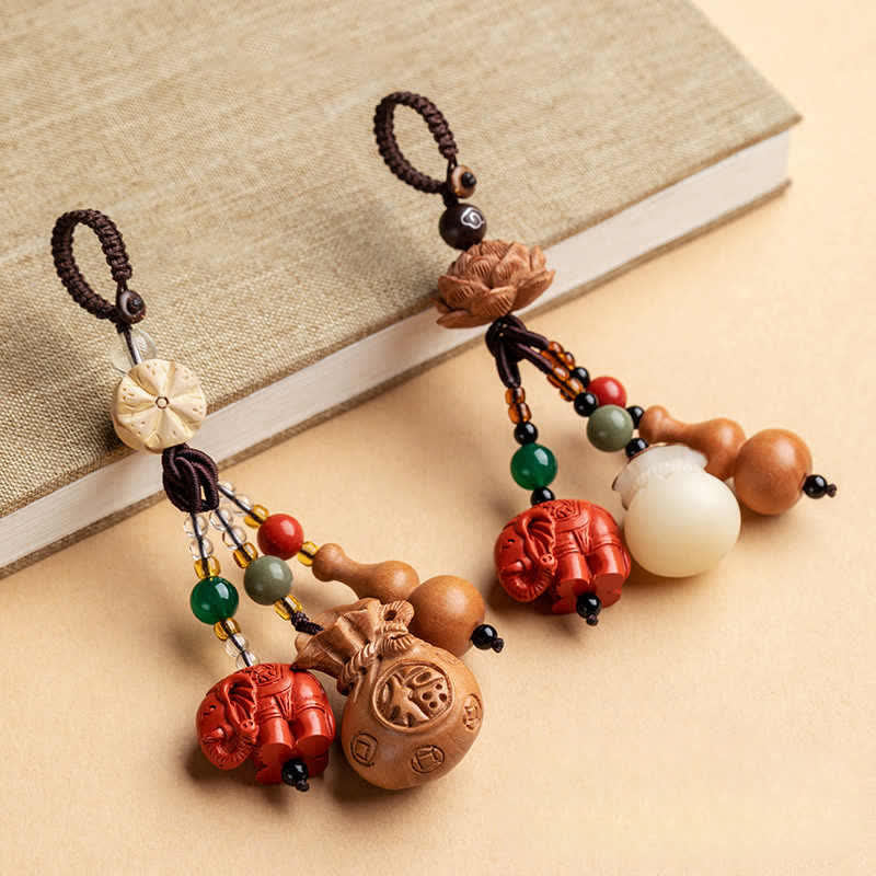Buddha Stones Peach Wood Fu Character Money Bag Lucky Cinnabar Elephant Lotus Gourd Keychains - image 25
