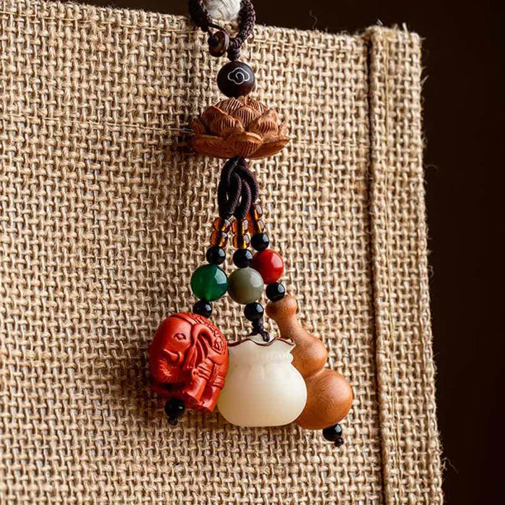 Buddha Stones Peach Wood Fu Character Money Bag Lucky Cinnabar Elephant Lotus Gourd Keychains - image 18