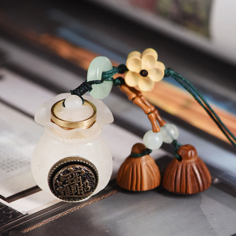 Buddha Stones Good Fortune Money Bag Attract Wealth Peach Wood Lotus Pod Tassel Keychains - image 1