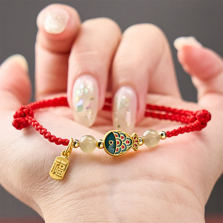 Buddha Stones Hand-Woven Koi Fish Fu Character Jade Beads Protection Rope Bracelet - image 15