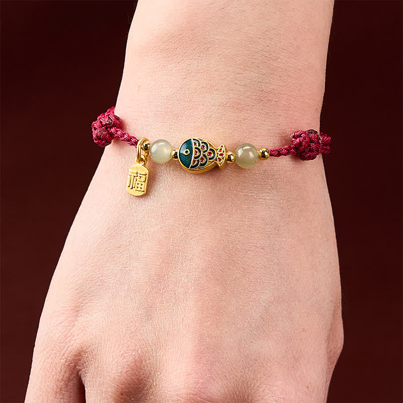Buddha Stones Hand-Woven Koi Fish Fu Character Jade Beads Protection Rope Bracelet - image 4