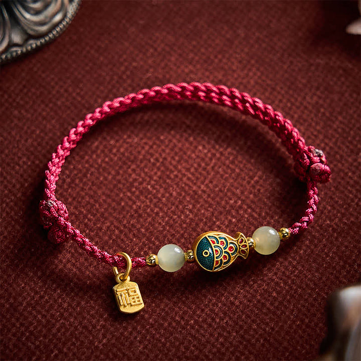 Buddha Stones Hand-Woven Koi Fish Fu Character Jade Beads Protection Rope Bracelet - Dark Red(Wrist Circumference: 5.9–8.3 in / 15–21 cm) - image 0