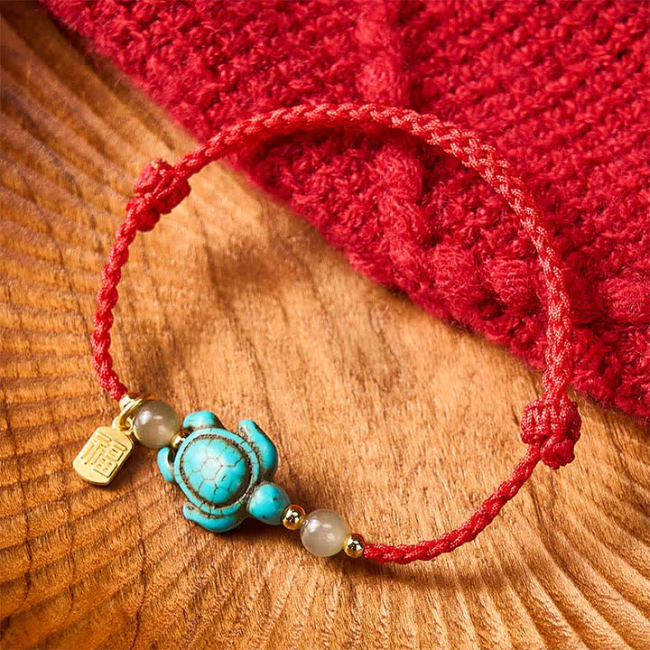 Buddha Stones Hand-Woven Turquoise Turtle Fu Character Jade Beads Luck Rope Bracelet - Red(Wrist Circumference: 5.9–8.3 in / 15–21 cm) - image 10