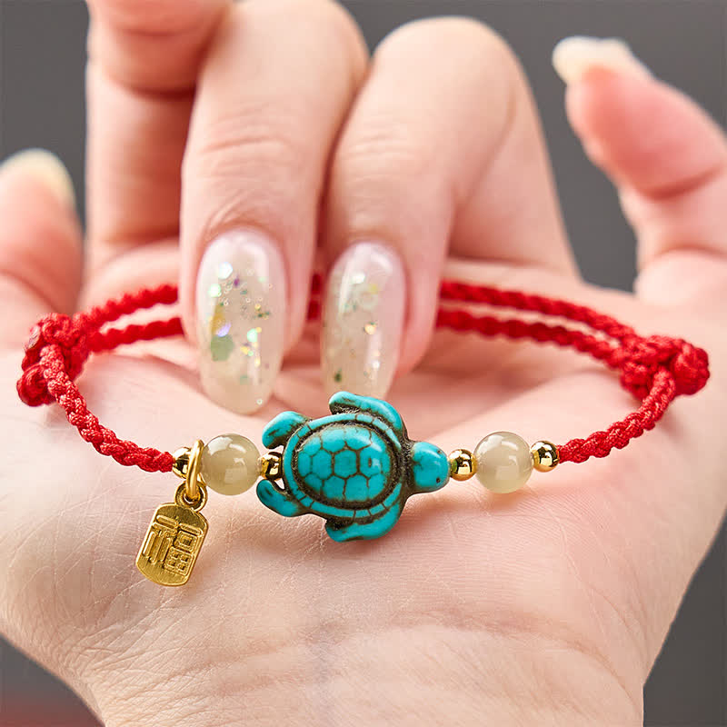 Buddha Stones Hand-Woven Turquoise Turtle Fu Character Jade Beads Luck Rope Bracelet - image 13