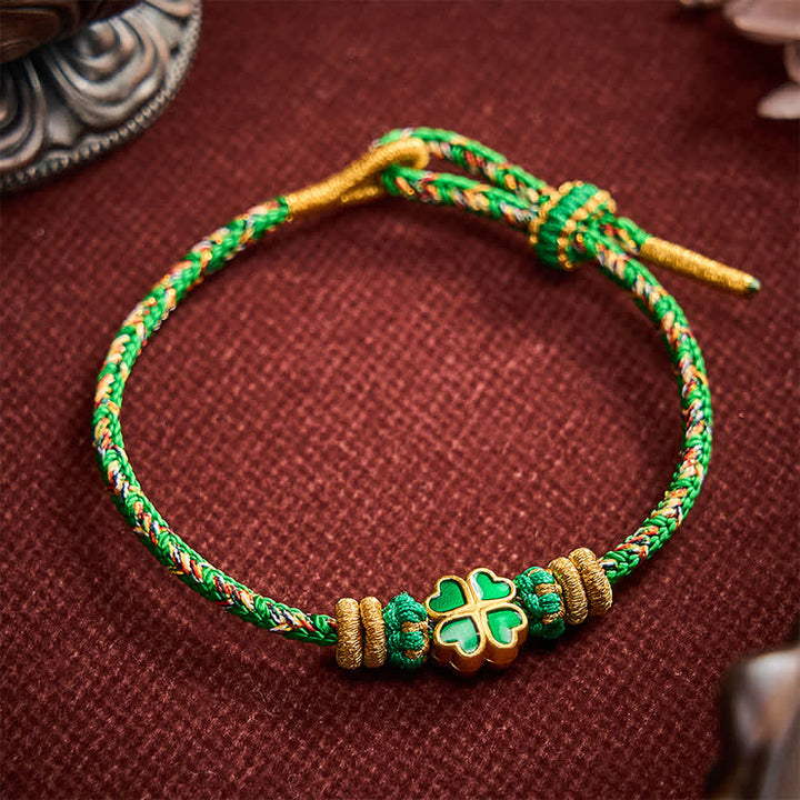 Buddha Stones Hand-Woven String Heart-Shaped Green Four Leaf Clover Strength Rope Bracelet - Green(Wrist Circumference: 5.9-7.5 in / 15-19cm) - image 0