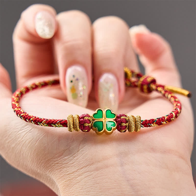 Buddha Stones Hand-Woven String Heart-Shaped Green Four Leaf Clover Strength Rope Bracelet - image 13