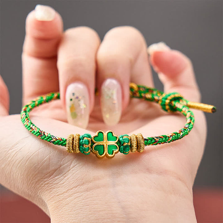 Buddha Stones Hand-Woven String Heart-Shaped Green Four Leaf Clover Strength Rope Bracelet - image 4