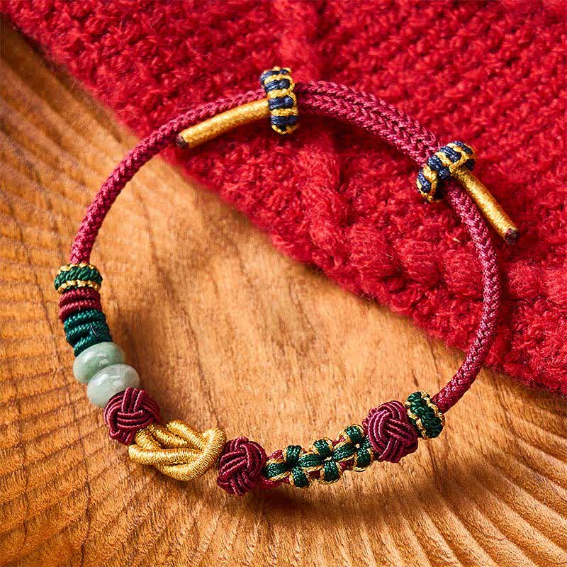 Buddha Stones Hand-Woven Peach Blossoms Luck Jade Beads Red String Bracelet - Red(Wrist Circumference: 5.9-7.1 in / 15-18cm) - image 0