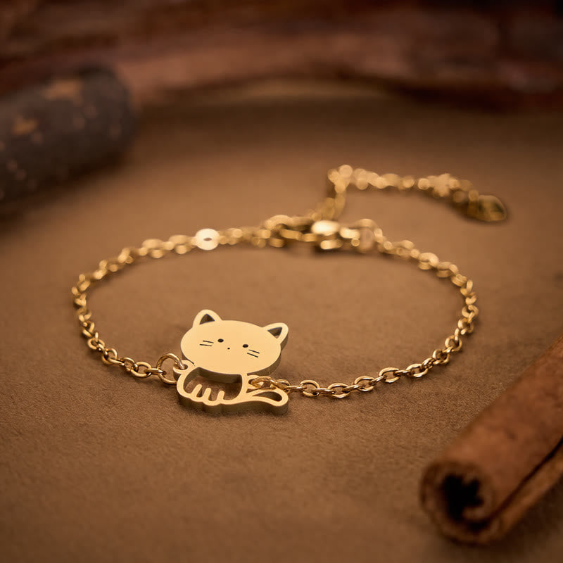 Buddha Stones Titanium Steel Minimalist Cat Charm Protection Chain Bracelet - image 1
