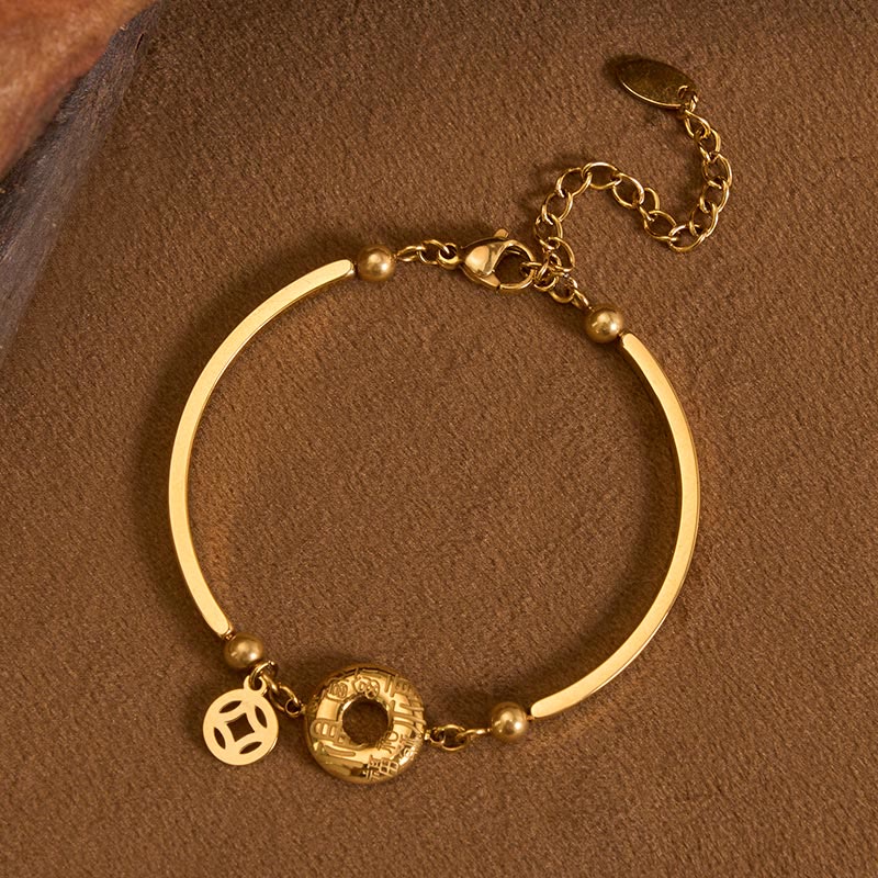 Buddha Stones Titanium Steel Peace Buckle Fu Character Chinese Coin Pendant Open Chain Bracelet - Titanium Steel(Strengthen ♥ Stimulation)(Wrist Circumference: 15–19 cm) - image 0