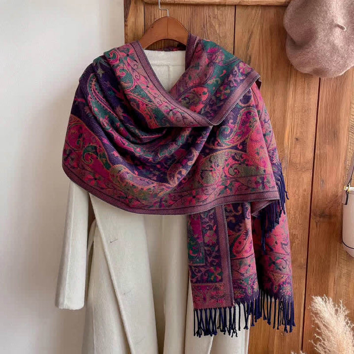 Buddha Stones Tibetan Flower Branch Tassel Shawl Cozy Travel Scarf Wrap - Rose Red 180*65cm - image 13