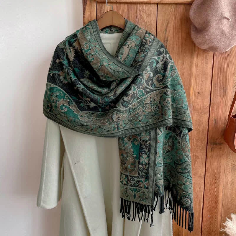Buddha Stones Tibetan Flower Branch Tassel Shawl Cozy Travel Scarf Wrap - Green 180*65cm - image 12