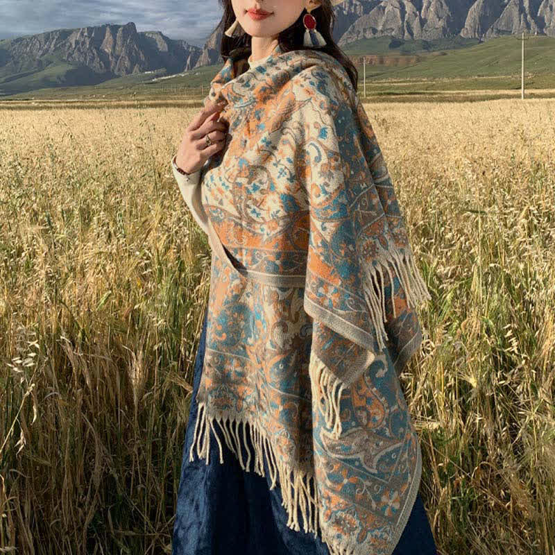 Buddha Stones Tibetan Flower Branch Tassel Shawl Cozy Travel Scarf Wrap - Beige 180*65cm - image 0