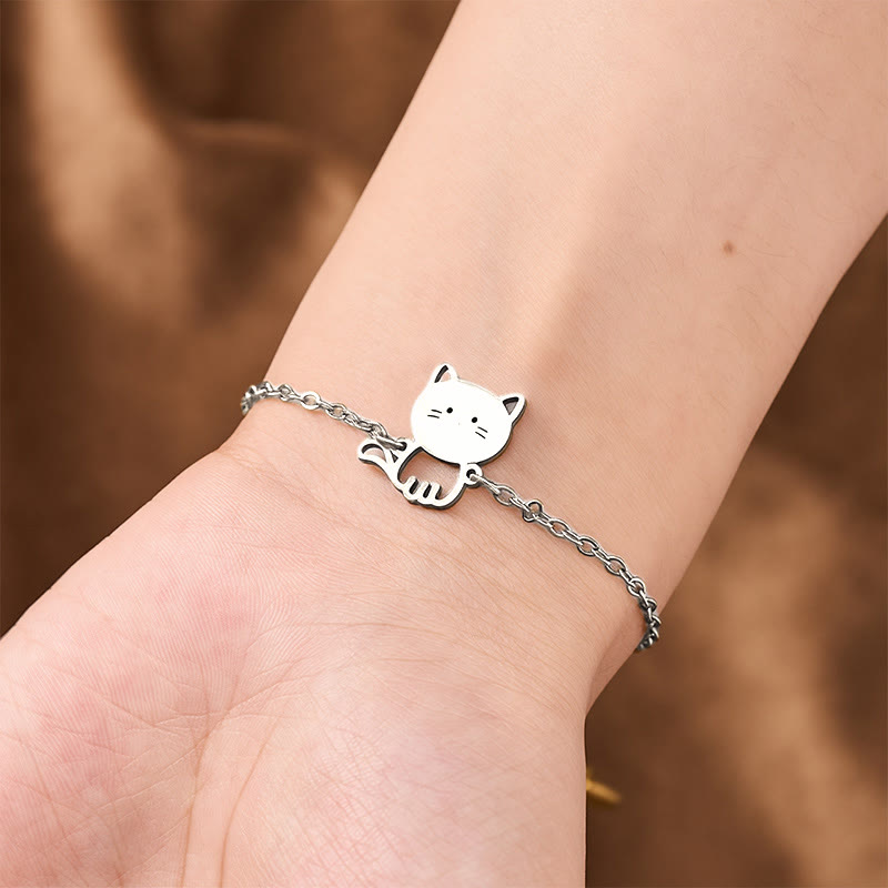 Buddha Stones Titanium Steel Minimalist Cat Charm Protection Chain Bracelet - image 8
