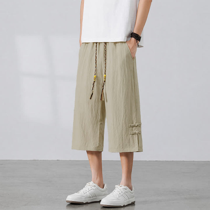 Buddha Stones Summer Casual Boho Drawstring Solid Half Pants Men's Straight Leg Pants With Pocket - image 1