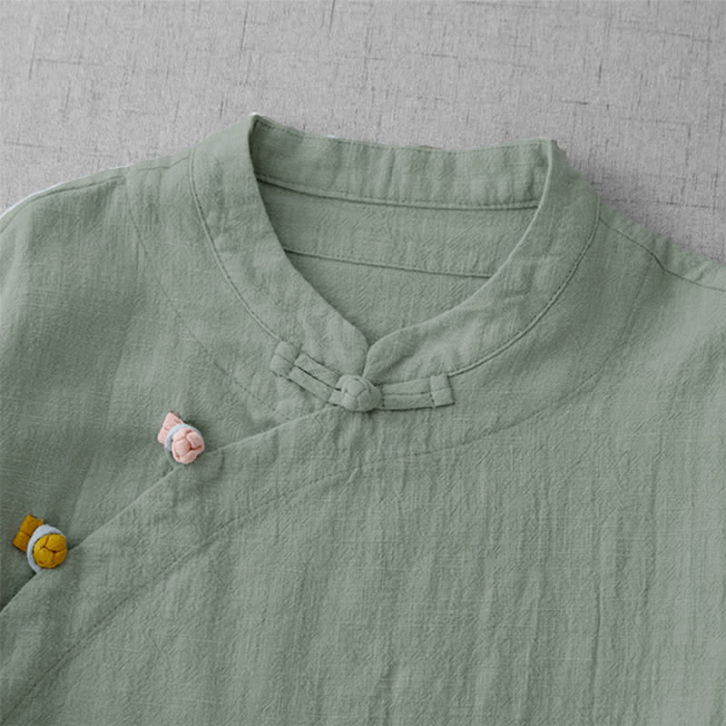 Buddha Stones Summer Tang Style Vintage Mandarin Collar Frog Button Solid Women's Elbow-Length Sleeve Shirts - image 6