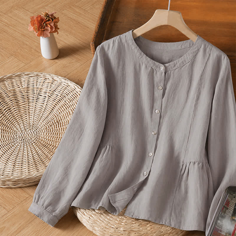Buddha Stones Spring Fall Casual Minimalist Button-Up Crew Neck Solid Women's Long Sleeve Shirts - image 3
