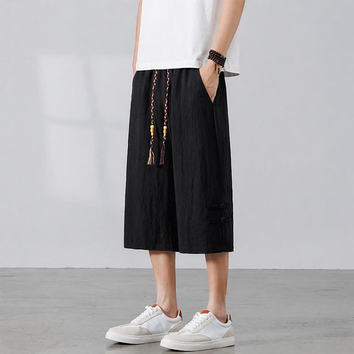 Buddha Stones Summer Casual Boho Drawstring Solid Half Pants Men's Straight Leg Pants With Pocket - Black - US/UK/AU46, EU56 (5XL) - image 8
