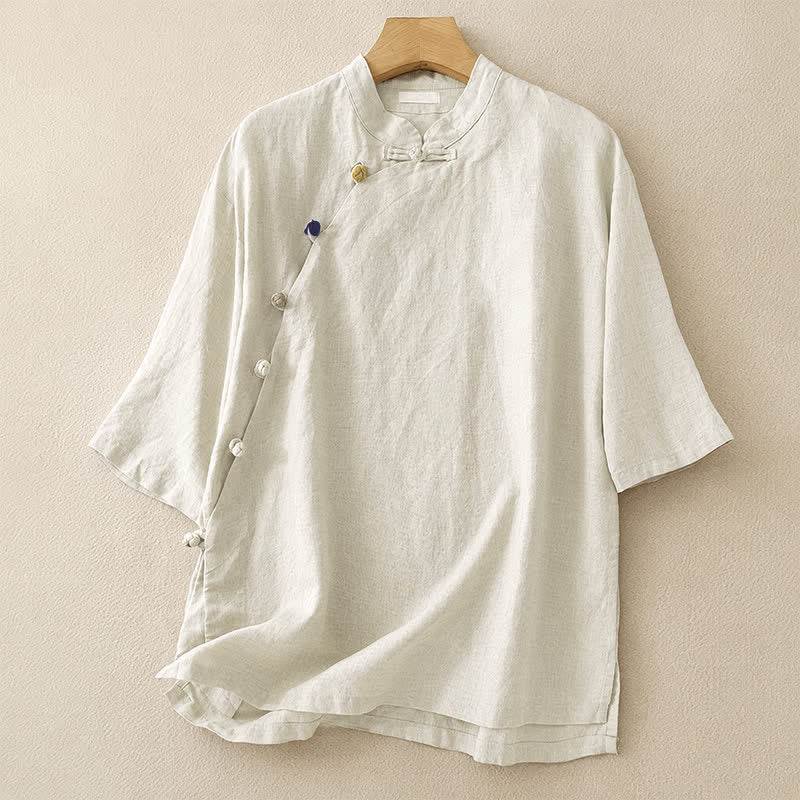 Buddha Stones Summer Tang Style Minimalist Mandarin Collar Solid Women's Short Sleeve Shirts - Linen - US8-10, UK/AU12-14, EU40-42 (2XL) - image 0
