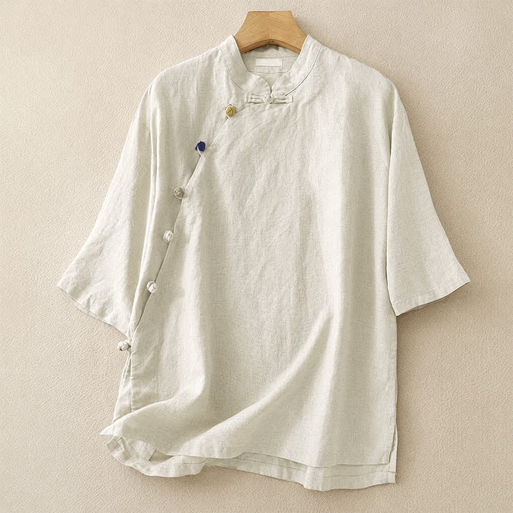 Buddha Stones Summer Tang Style Minimalist Mandarin Collar Solid Women's Short Sleeve Shirts - Linen - US8-10, UK/AU12-14, EU40-42 (2XL) - image 0