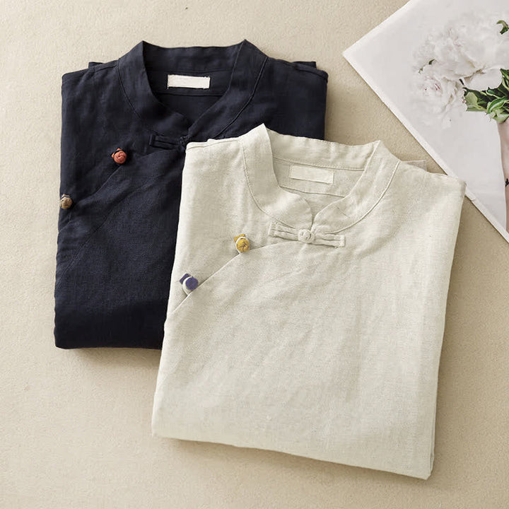 Buddha Stones Summer Tang Style Minimalist Mandarin Collar Solid Women's Short Sleeve Shirts - image 18