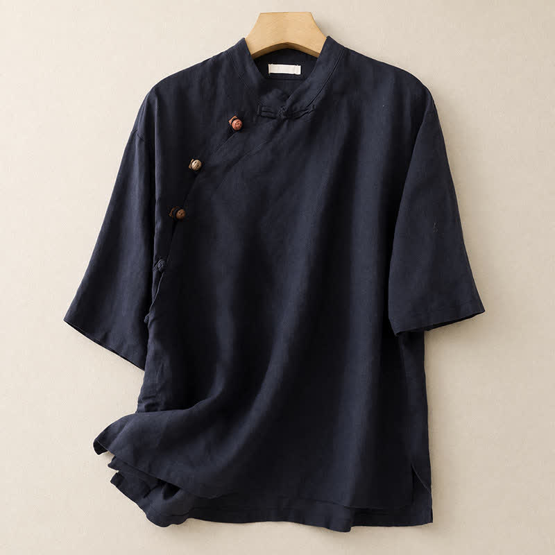Buddha Stones Summer Tang Style Minimalist Mandarin Collar Solid Women's Short Sleeve Shirts - Navy - US8-10, UK/AU12-14, EU40-42 (2XL) - image 8